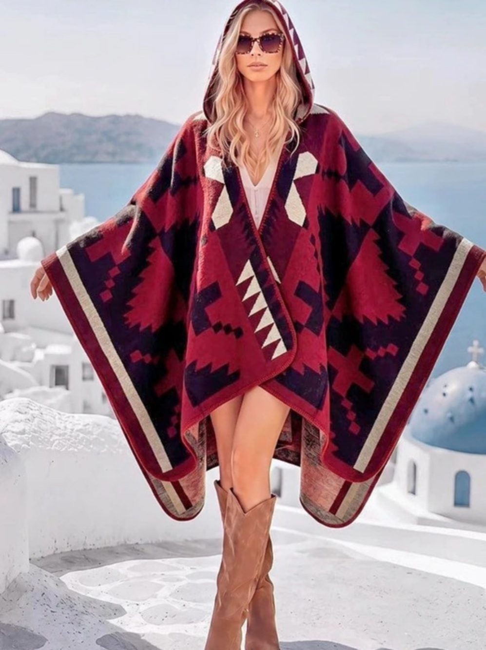 NWOT Geometric Hooded Cape in Burgundy & Black Like New